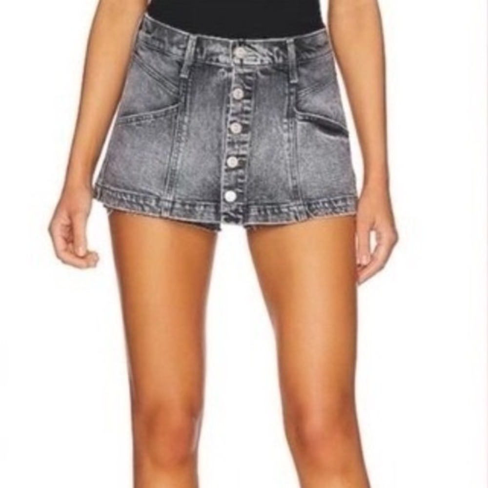 MOTHER Superior The Breaker Mini Denim Skort Button Front Faded Black Wash Sz 28